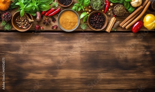 Fototapeta Naklejka Na Ścianę i Meble -  wood background, with space for text, herbs, spices, olive oil, salt, and vegetables. Slate and wood background. Top view