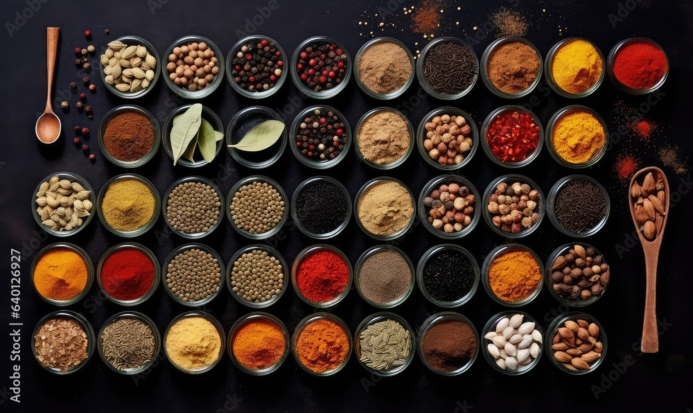 Spices on black background - kitchen. top view, flat lay on black chalkboard background Spices on black background - kitchen. top view, flat lay on black chalkboard background