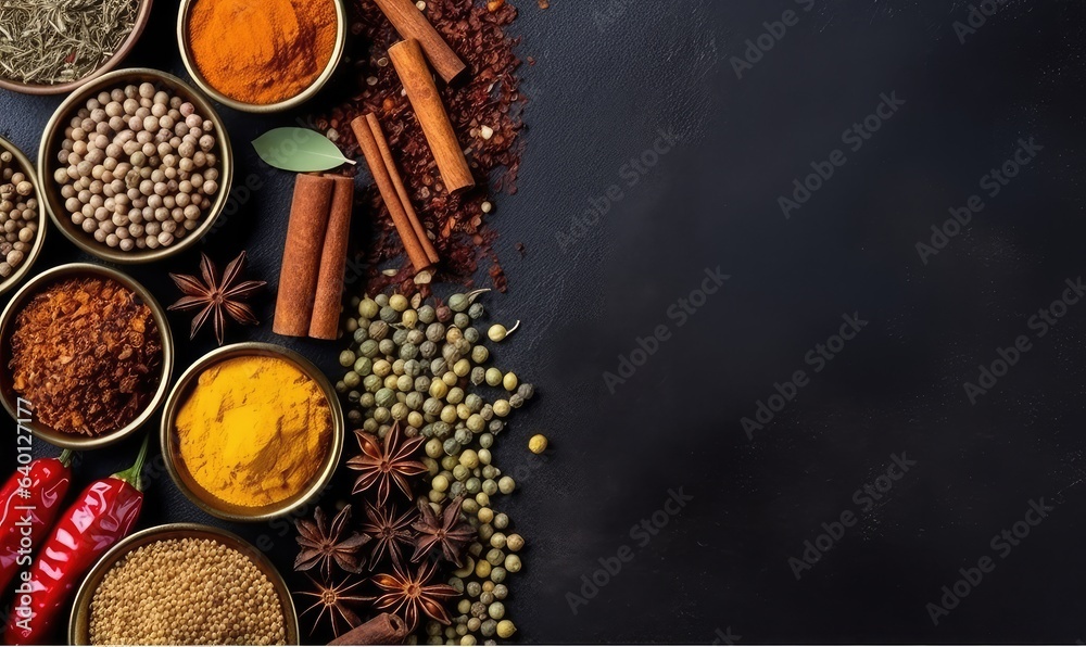 top view Wide variety spices and herbs on background of black table, with empty space for text . Generative AI top view Wide variety spices and herbs on background of black table, with empty space for text . Generative AI
