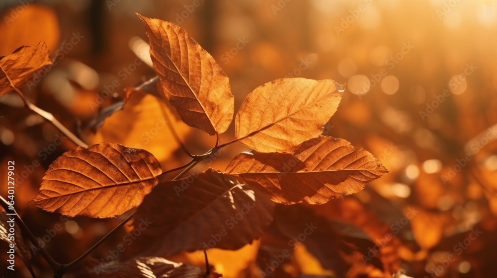 Fototapeta premium Autumn's Embrace Falling Leaves Captured in Sun's Warmth