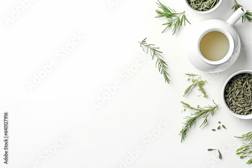 Green tea in a white teapot and cups on white background top view with copy space