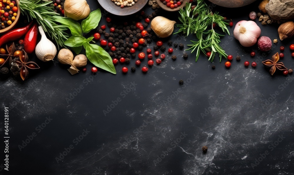 Black stone cooking background. Spices and vegetables. Top view. Free space for your text . Generative AI - obrazy, fototapety, plakaty 
