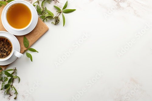 Green tea in a white teapot and cups on white background top view with copy space