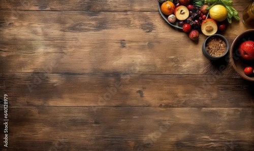 Food Background, Cooking, Wood old table on background, Free copy space, Top view . Generative AI