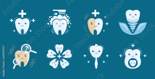 Set of cartoon teeth icons, dental symbols, cute teeth characters in medical condition and treatment, dentistry for kids and pregnant women, implanting dentistry, cure for teeth. Vector illustration