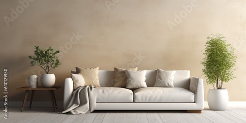 Interior design of modern living room with beige sofa over mock up wall