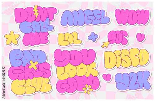 Cool Trendy lettering Stickers set With Various cool 90s girly Phrases. Vector hand drawn y2k typograghic illustration.