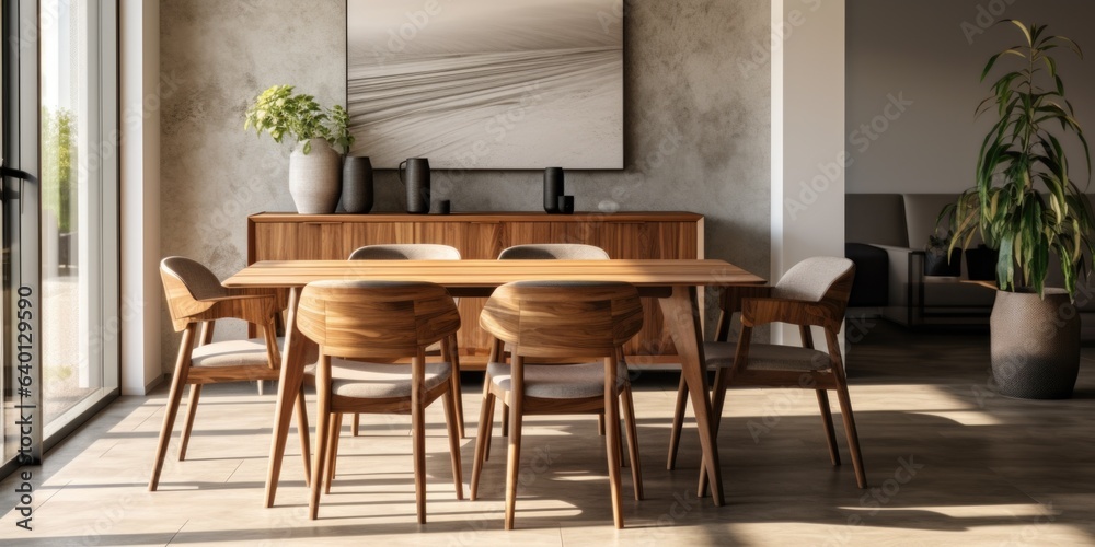Interior of modern dining room, dining table and wooden chairs. Home design