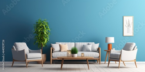 Interior of modern living room with armchair and coffee tables over blue wall.