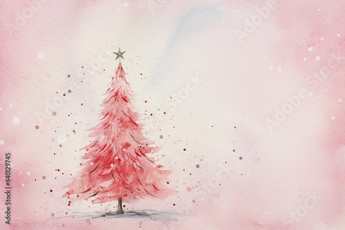 Pretty fantasy very loose watercolour painted style image of a pink christmas tree on a pink and purple pastel watercolour wash background, with coloured paint splashes, barbie theme