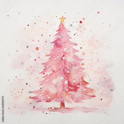 Pretty fantasy very loose watercolour painted style image of a pink christmas tree on a pink and purple pastel watercolour wash background, with coloured paint splashes, barbie theme