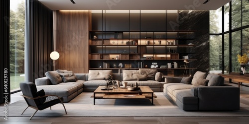  Interior of modern living room with armchair and coffee tables