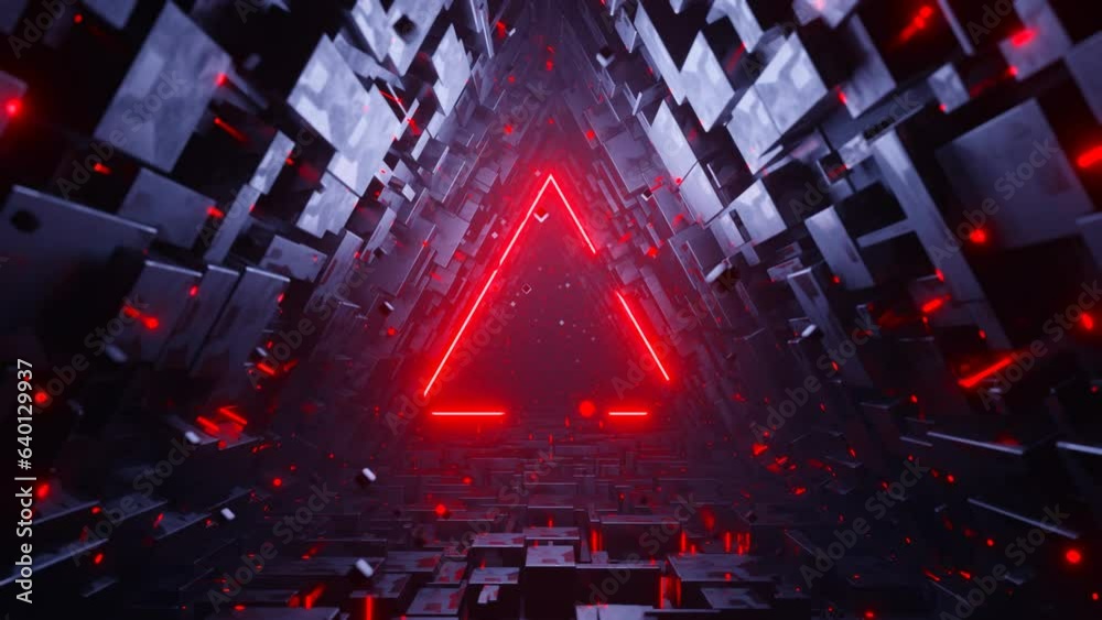 Seamless loop motion graphic of flying into triangle tech tunnel