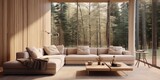 Interior of modern living room with big window, cozy home design with beige sofa and wooden paneling