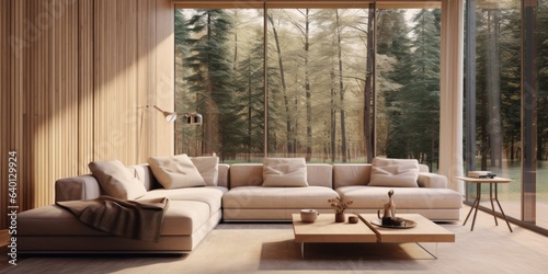 Interior of modern living room with big window, cozy home design with beige sofa and wooden paneling © Interior Design