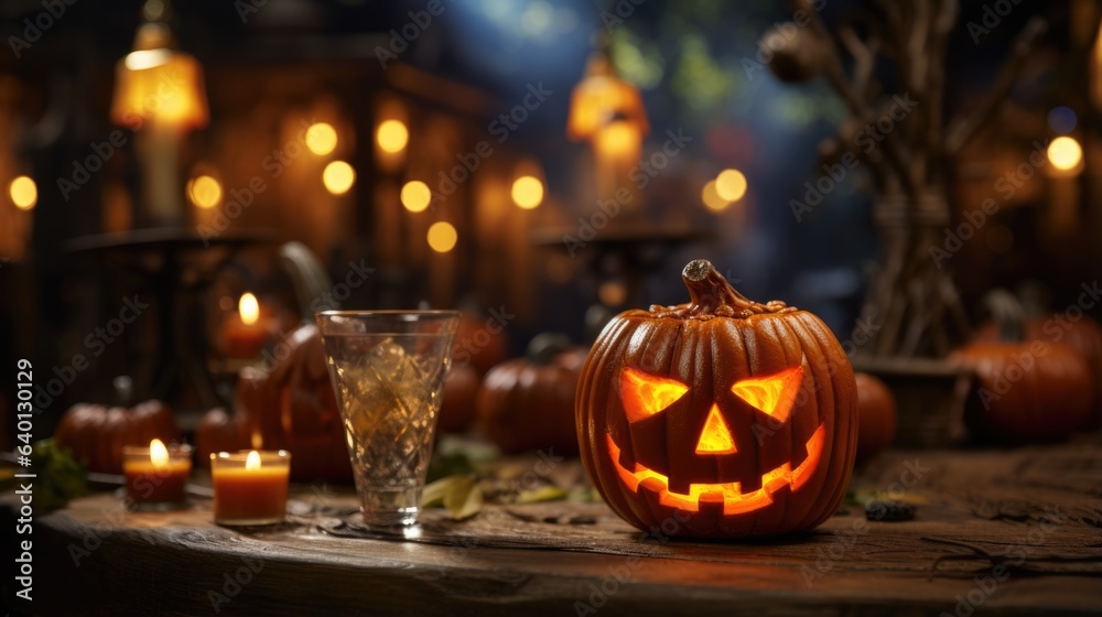 Jack-O Lantern on wooden counter at Halloween celebration party. Jack-O Lantern on wooden counter at Halloween celebration party.