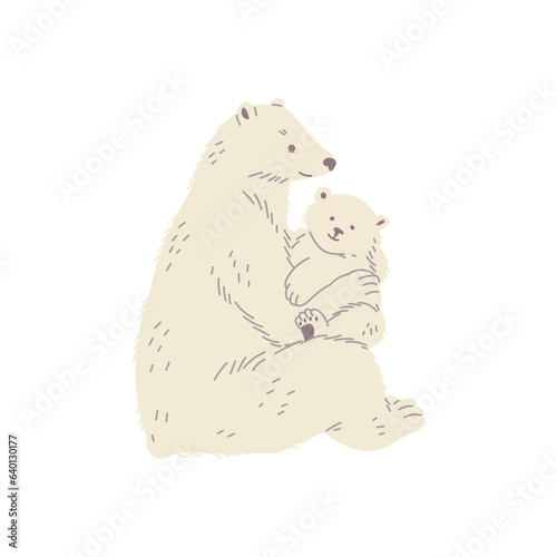 Cute polar bears sitting together flat style, vector illustration