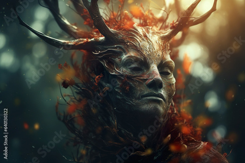 In the heart of an autumn forest, an eerie and magical creature with deer horns watches her realm. The mysticism of the woodland adds an otherworldly touch to this enchanting scene. photo