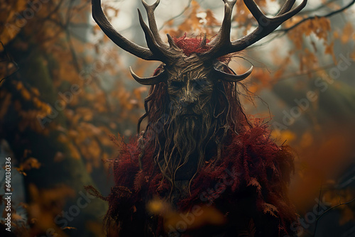 Fantasy and mystery within a moody woodland. A mythical creature with deer horns lurks among the autumn foliage, embodying an enigmatic and supernatural presence. photo