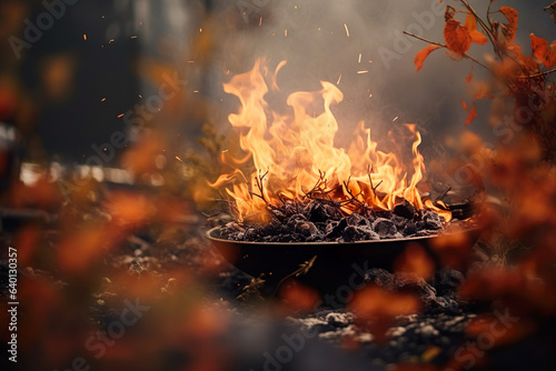 Pagan realm with the energy of fire magic and spiritual practice. The cauldron and the autumn ambiance create an enchanting scene that speaks of magical power and transformation.