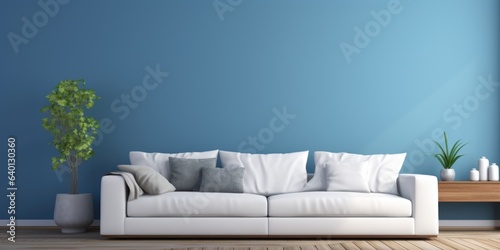  Interior of modern living room with white fabric sofa over blue wall © Interior Design