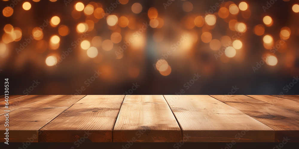 Empty wooden table top with out of focus lights bokeh rustic farmhouse living background Empty wooden table top with out of focus lights bokeh rustic farmhouse living background