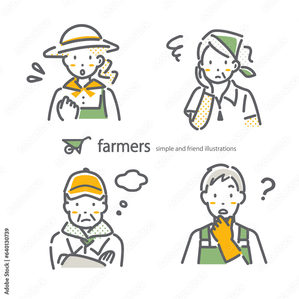 いろいろな農業従事者　三色　困る　シンプルでお洒落な線画イラスト