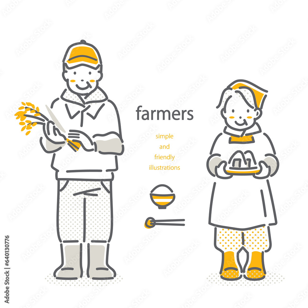 米農家の女性と男性　二色　シンプルでお洒落な線画イラスト
