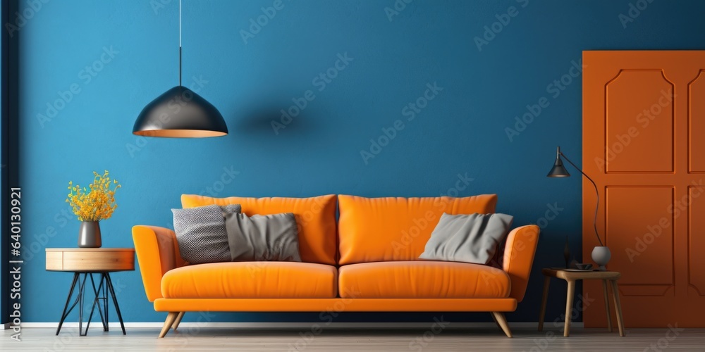 Interior with orange sofa in modern living room with blue mockup wall ...