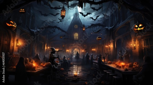 Halloween celebration background with jack o lantern, light, haunted house and other decorations. 