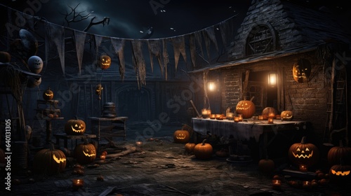 Halloween celebration background with jack o lantern, light, haunted house and other decorations. 