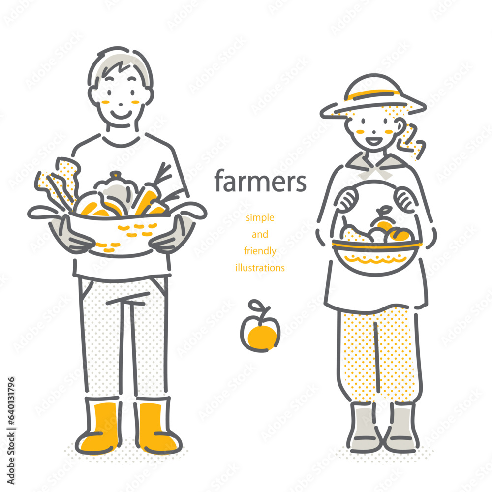 農業に従事する若い女性と男性　シンプルでお洒落な線画イラスト