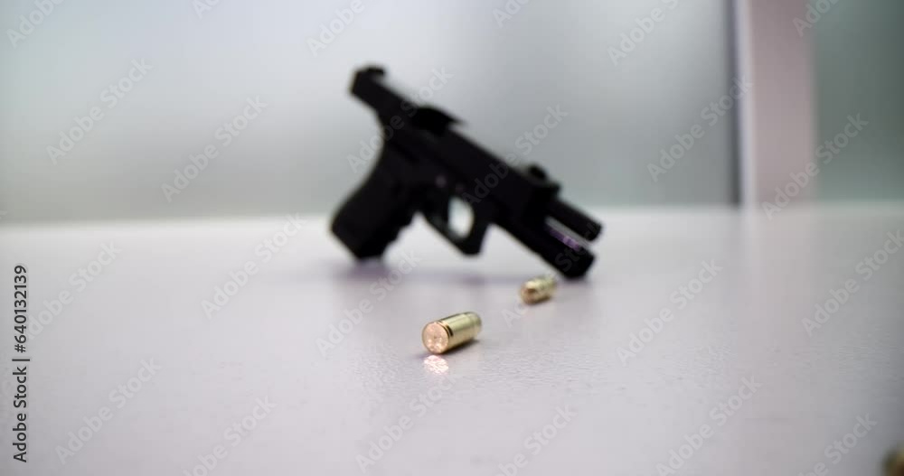 9mm pistol bullets and black pistol. Deadly weapon Stock ビデオ Adobe Stock