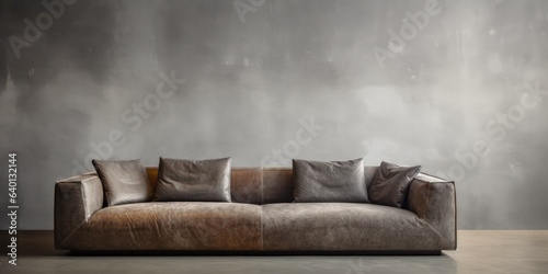 Luxury sofa against grunge concrete wall. Interior design of modern living room