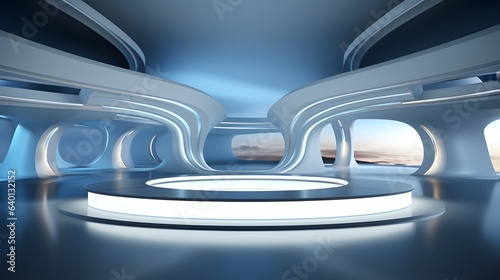 White futuristic pedestal with futuristic room background. AI generative