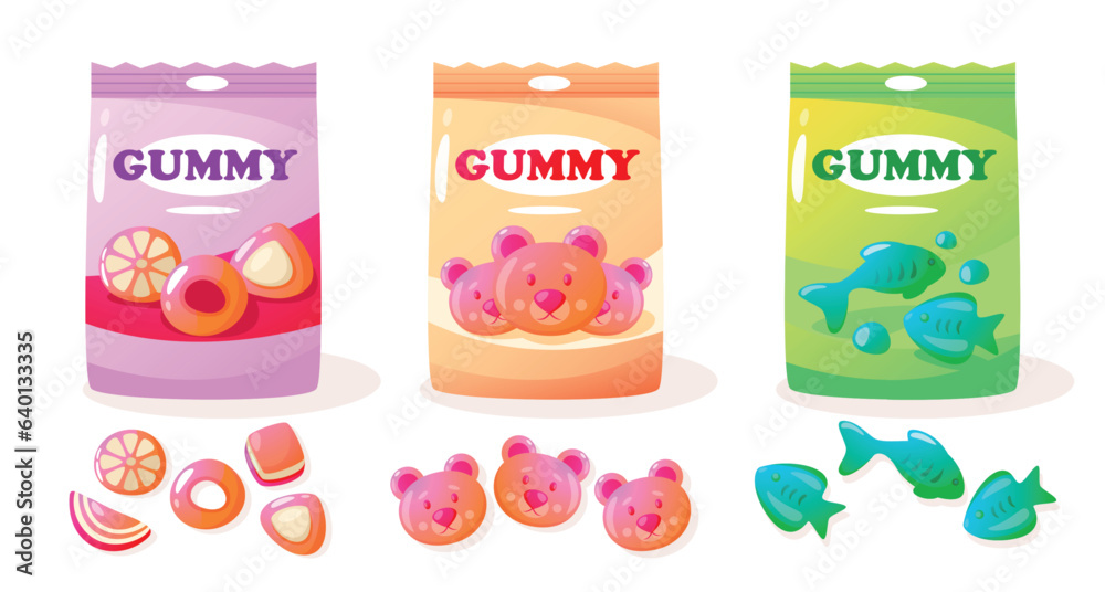 Jelly gum pack. Cartoon colorful sweet gummy bears, various assortment of colorful sweet fruit snack for kids. Vector colorful set Jelly gum pack. Cartoon colorful sweet gummy bears, various assortment of colorful sweet fruit snack for kids. Vector colorful set