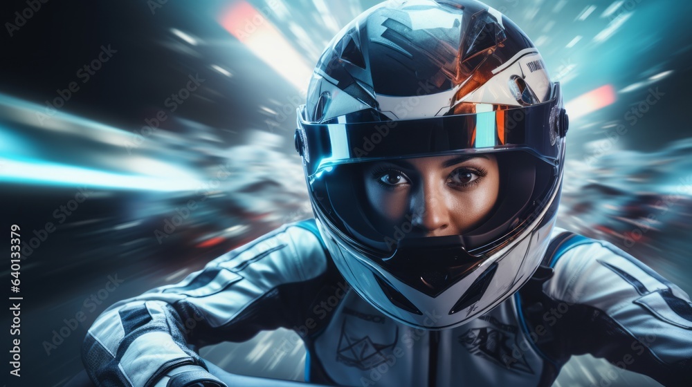 Racer woman with a futuristic car. Generative AI