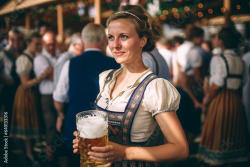 Waitress in traditional Dirndl dress with beer mugs at German Oktoberfest celebration photo