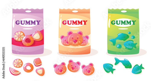 Jelly gum pack. Cartoon colorful sweet gummy bears, various assortment of colorful sweet fruit snack for kids. Vector colorful set
