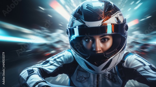Racer woman with a futuristic car. Generative AI