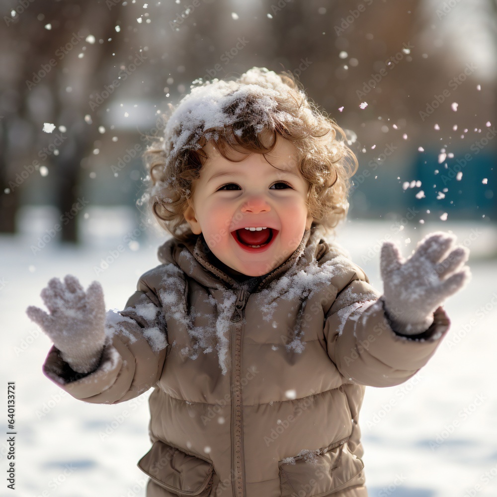 Cute little boy happily playing in the white fluffy fresh snow outdoors in winter. First snow. Happy Childhood. Game. Cute little boy happily playing in the white fluffy fresh snow outdoors in winter. First snow. Happy Childhood. Game.
