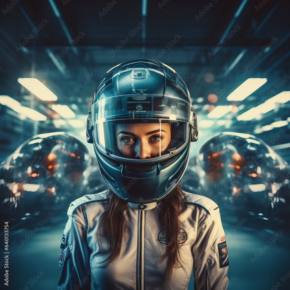 Racer woman with a futuristic car. Generative AI Racer woman with a futuristic car. Generative AI