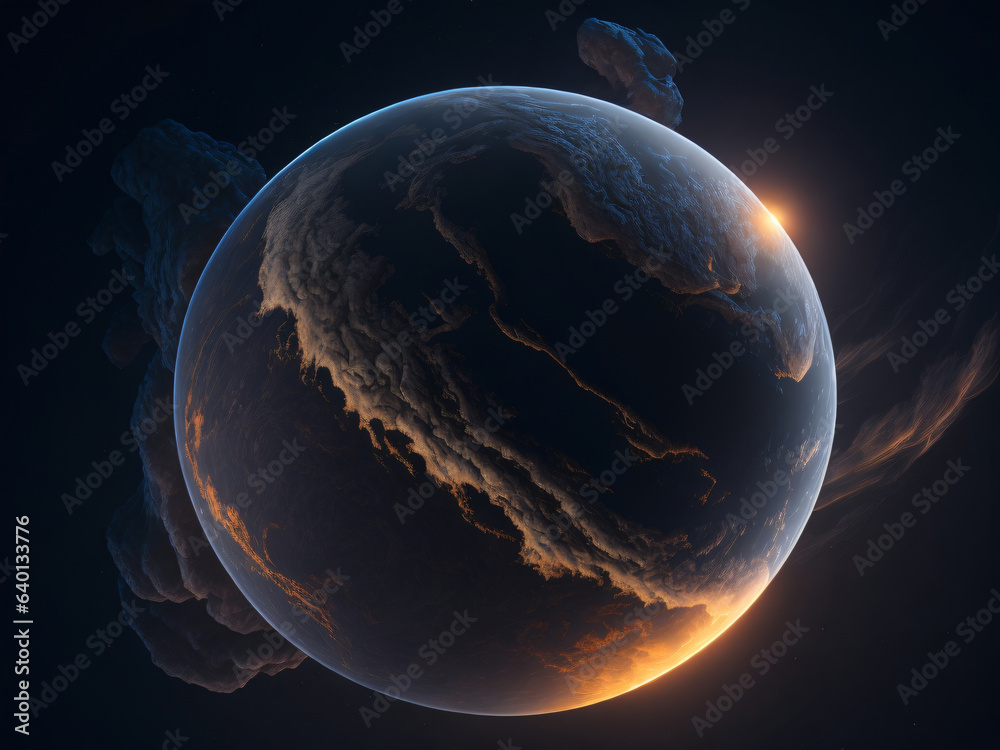Planet Titan, ultra realistic, detailed, black and golden colors, space background. - obrazy, fototapety, plakaty 