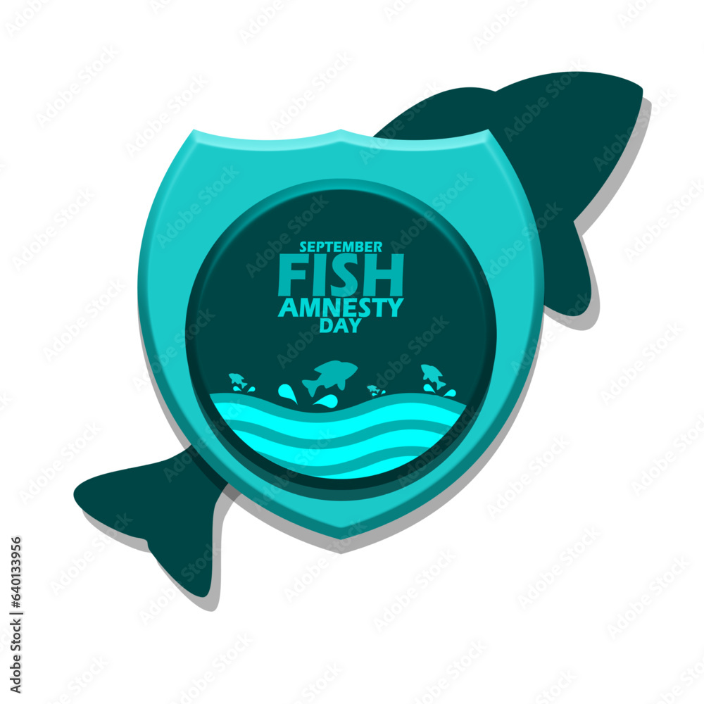 a shield containing a circular frame and an image of fish jumping to the surface above the water, with bold text on white background to commemorate Fish Amnesty Day on September a shield containing a circular frame and an image of fish jumping to the surface above the water, with bold text on white background to commemorate Fish Amnesty Day on September