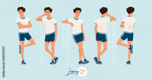 Sporty teenage active boy set standing leaning poses. Young man wearing activewear athletic boy player outfit. Health, wellness, physical education, fitness male coach. Cartoon character illustration