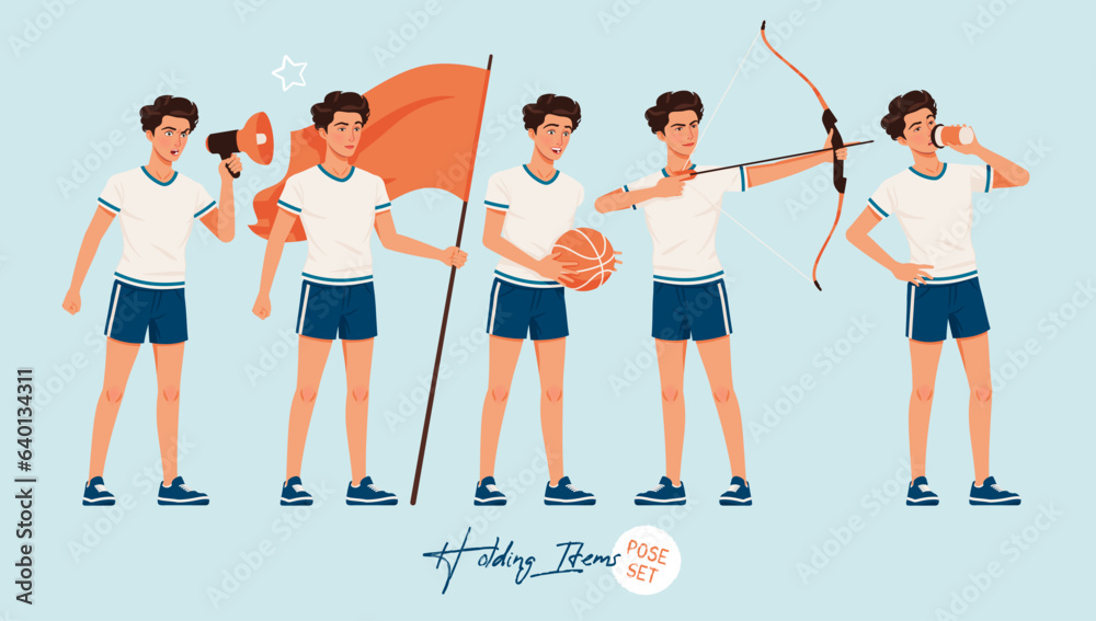 Obraz premium Sporty teenage active boy flag, ball, bow, loudspeaker set poses. Young man, activewear athletic boy player outfit. Health wellness, physical education, fitness coach. Cartoon character illustration