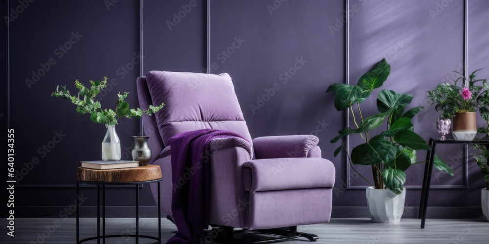 Purple recliner chair on gray carpet. Interior design of modern living room Purple recliner chair on gray carpet. Interior design of modern living room