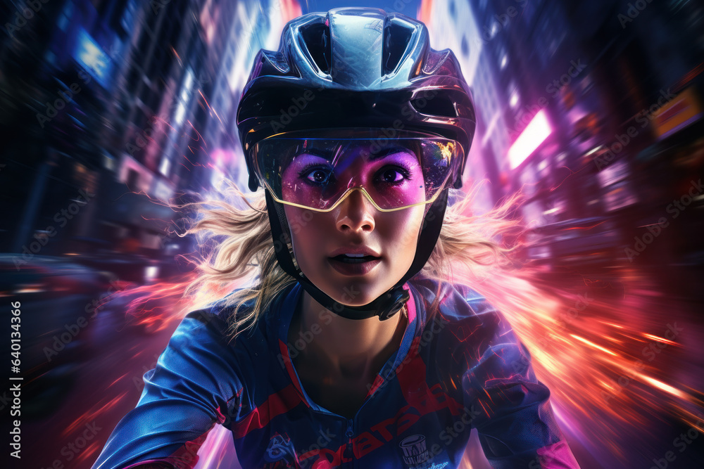 Woman in helmet biking in the city. A portrait of empowered beauty and strength as she navigates urban landscapes with determination, embracing a healthy and adventurous lifestyle Woman in helmet biking in the city. A portrait of empowered beauty and strength as she navigates urban landscapes with determination, embracing a healthy and adventurous lifestyle