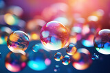 Soap bubbles floating on bokeh background. A mesmerizing display of colorful spheres amidst a playful dance of light, reflection, and whimsical beauty