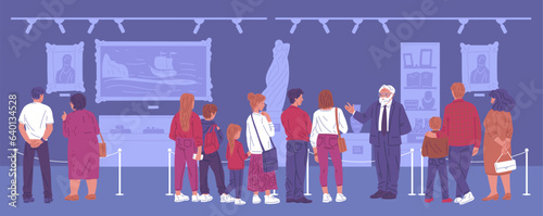 Museum visitors standing in art gallery, listening to the male tour guide, vector illustration of excursion on dark
